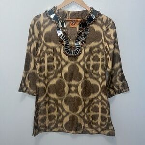 TORY BURCH‎ Silk Blend Jewel Mirror Beaded Tunic Blouse - Amber Brown - Size 2